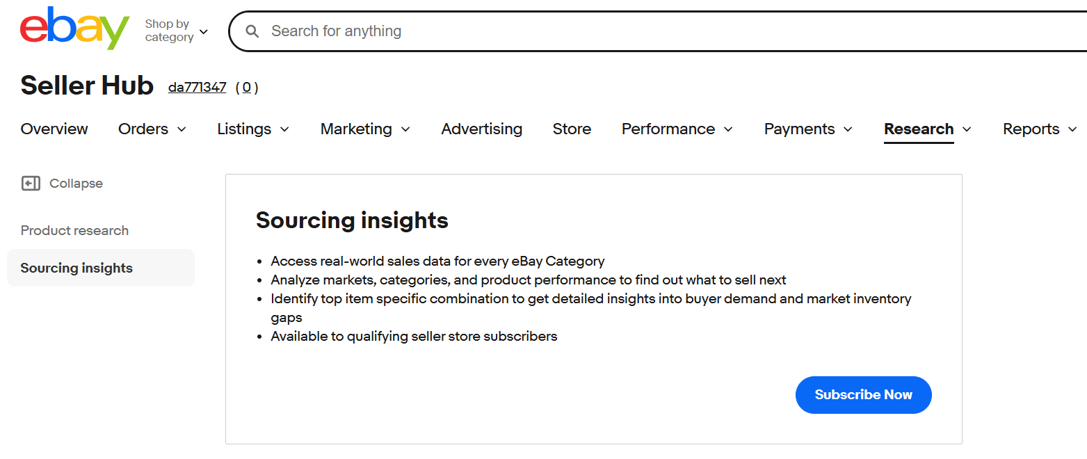 Ebay Seller Hub Sourcing insights