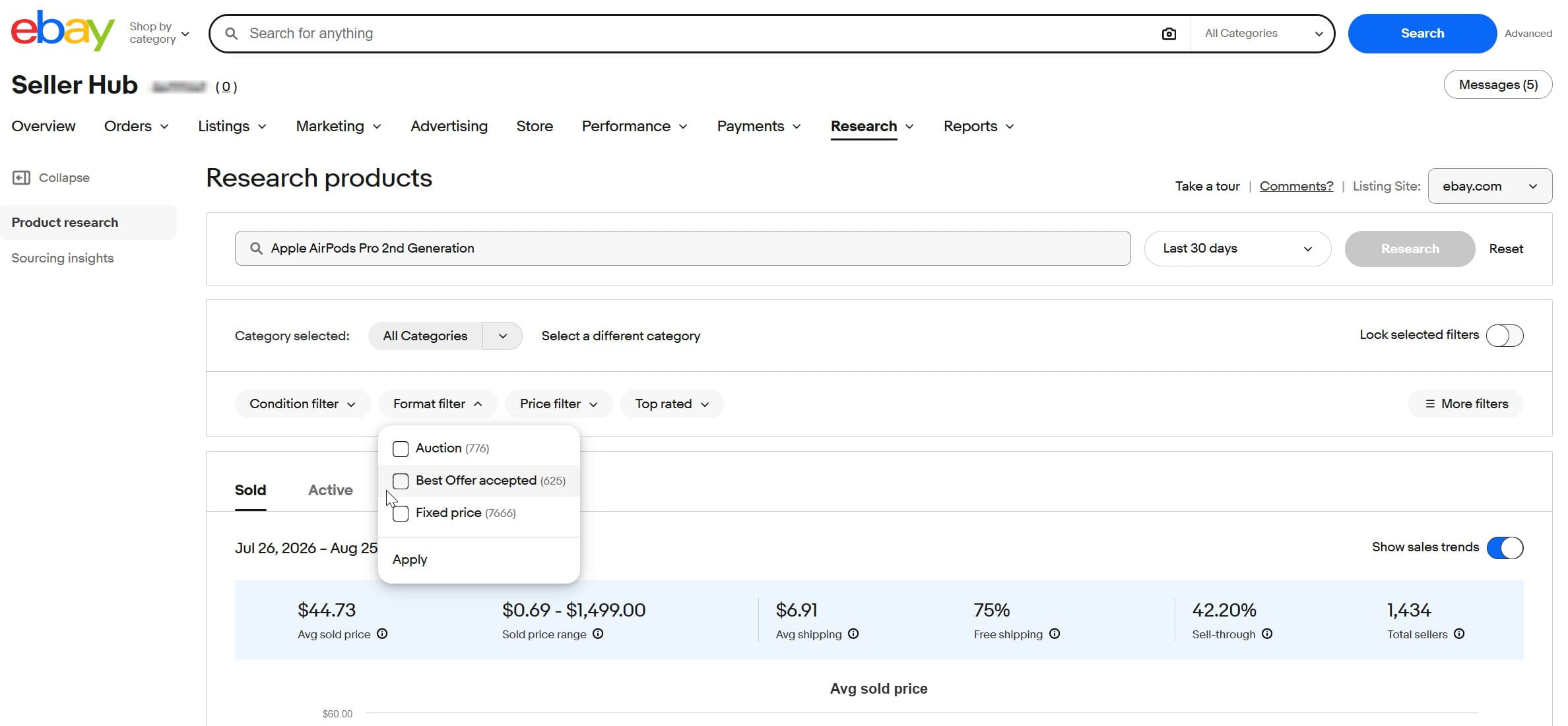 Ebay Seller Hub Product Research Format filter