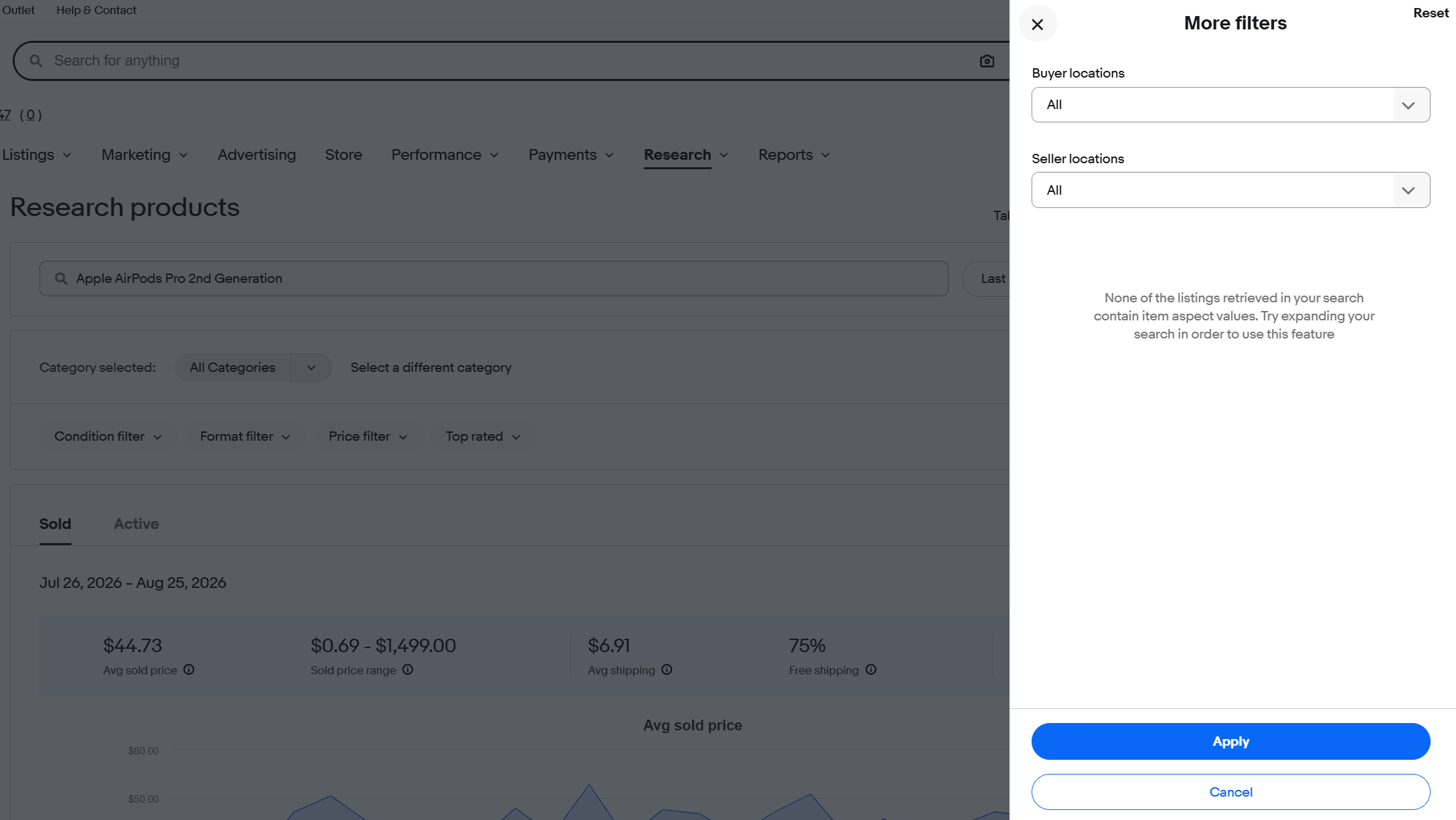 Ebay Seller Hub Product Research More filters