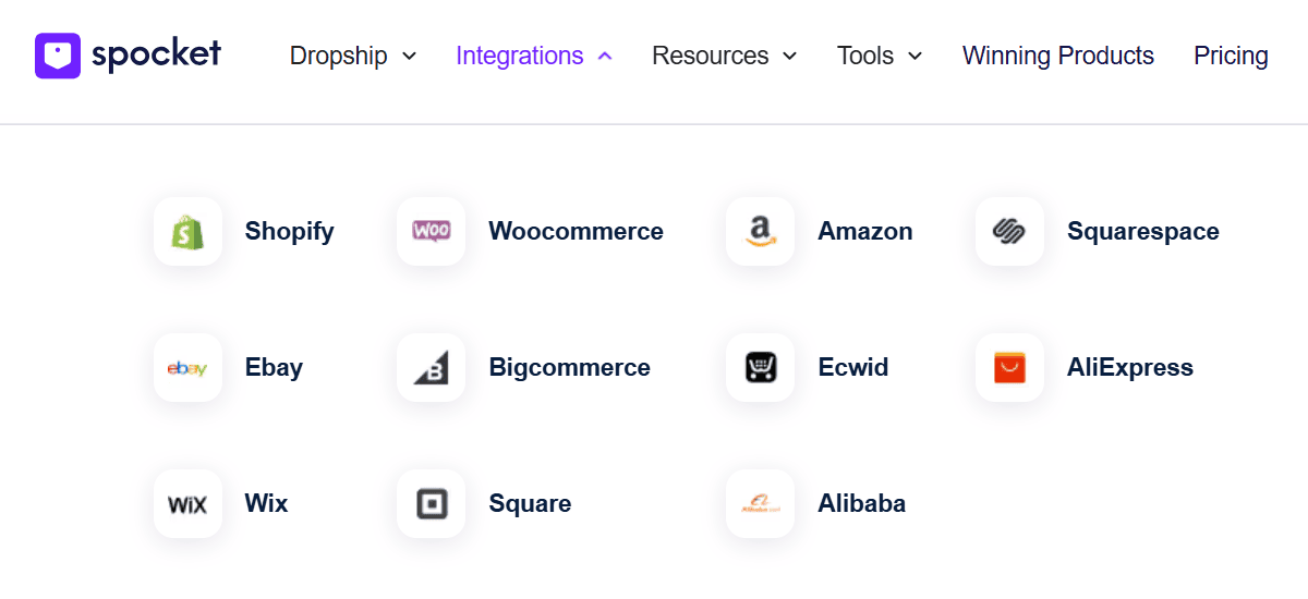Spocket integrations menu with Shopify, WooCommerce, Amazon, eBay and other platforms