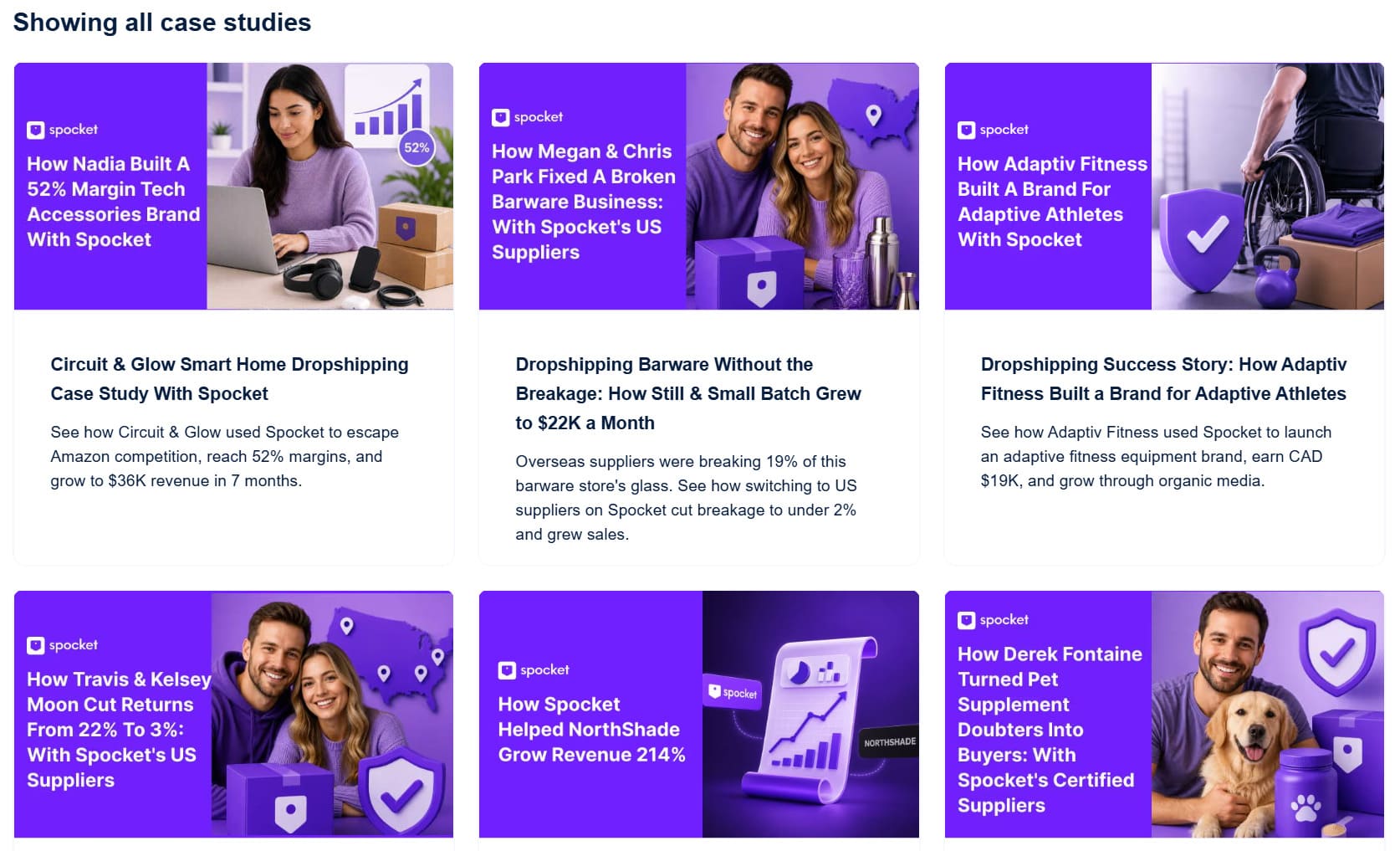 Spocket case studies page with seller success stories