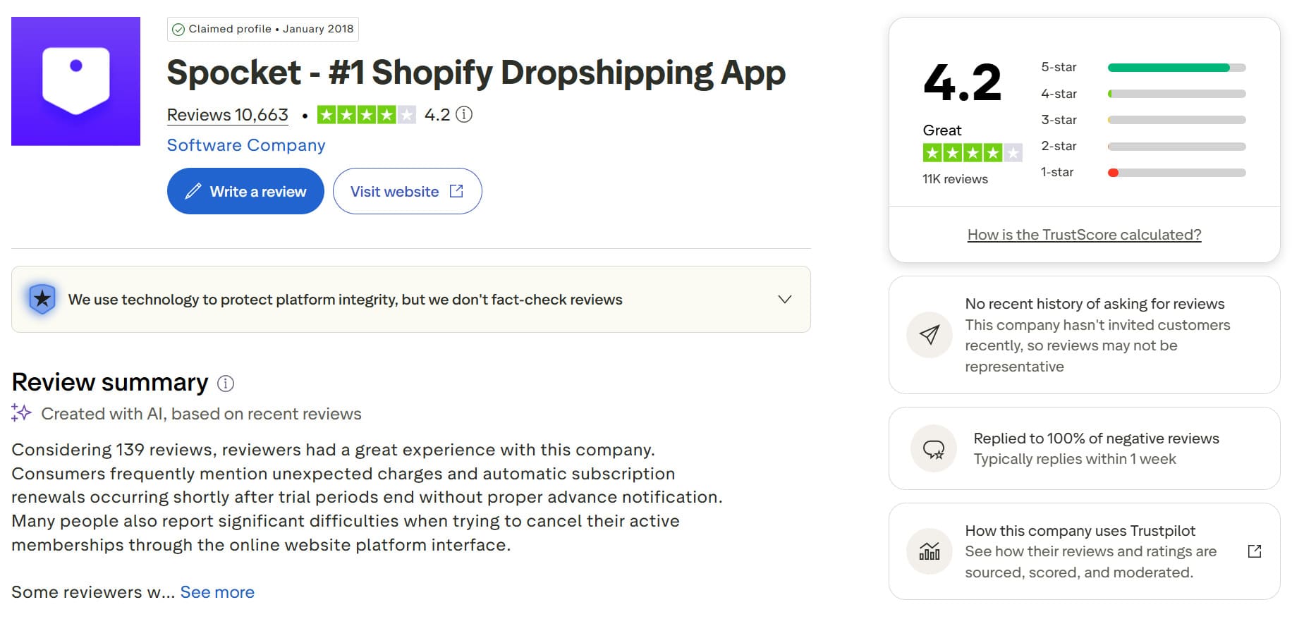 Spocket rating on Trustpilot