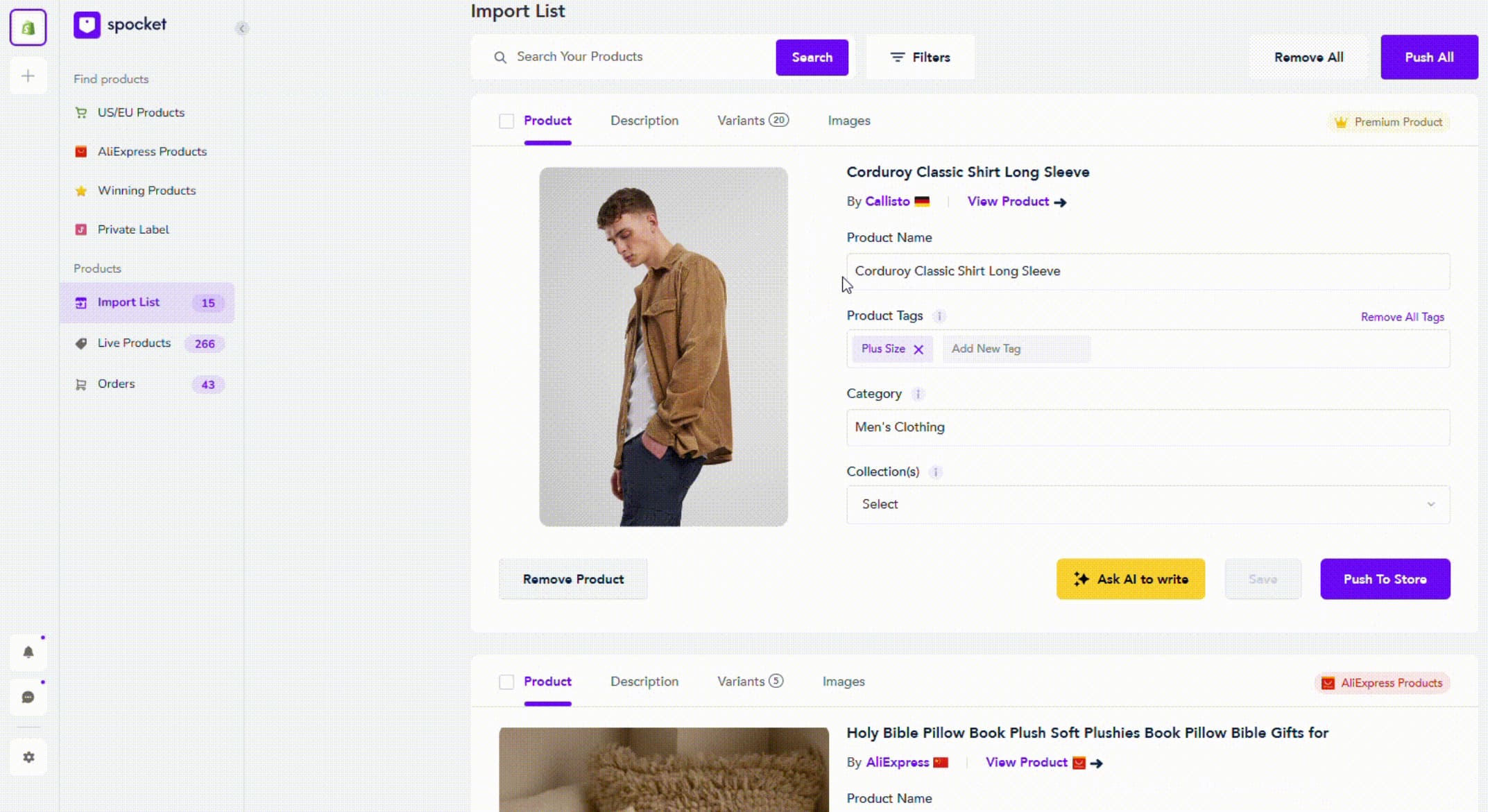Spocket Import List with a product ready to push to the store
