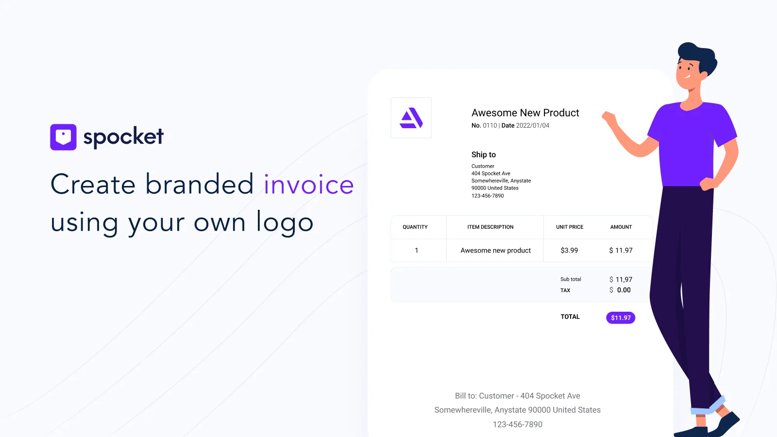 Spocket promo slide showing a branded invoice with the store's own logo