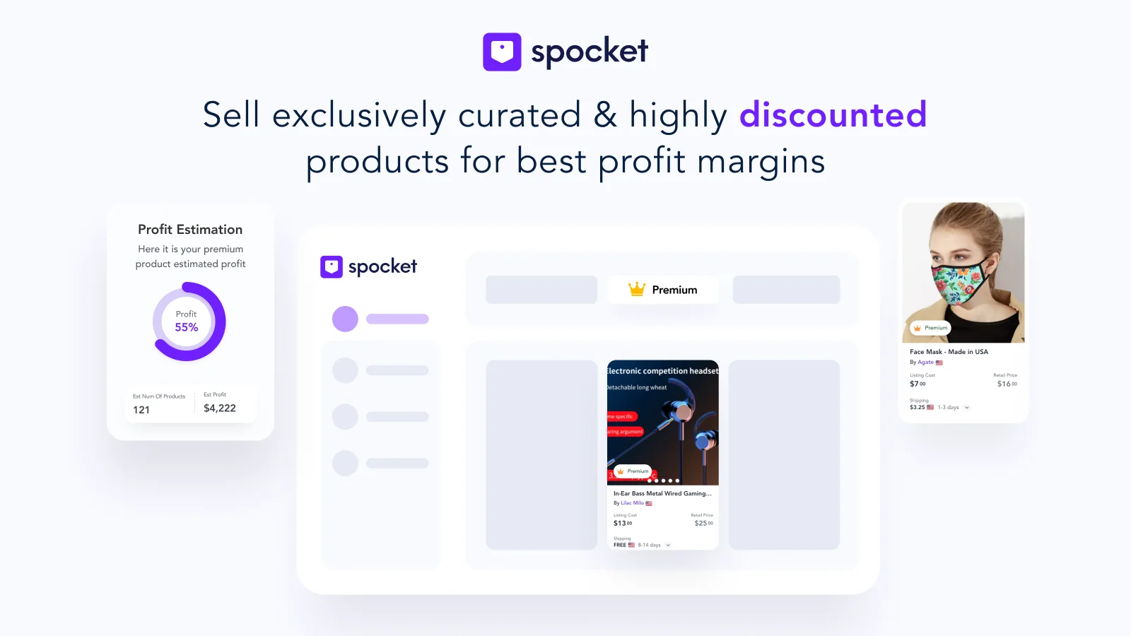 Spocket promo slide about curated, discounted products from its suppliers