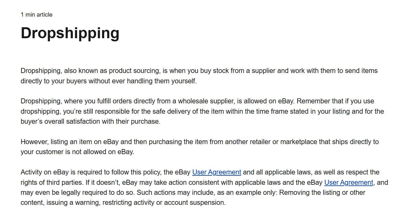 Seite mit den eBay-Richtlinien zum Dropshipping