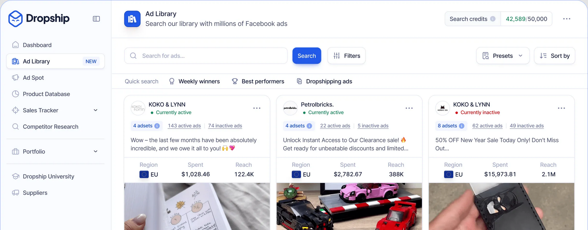 Dropship.io dashboard