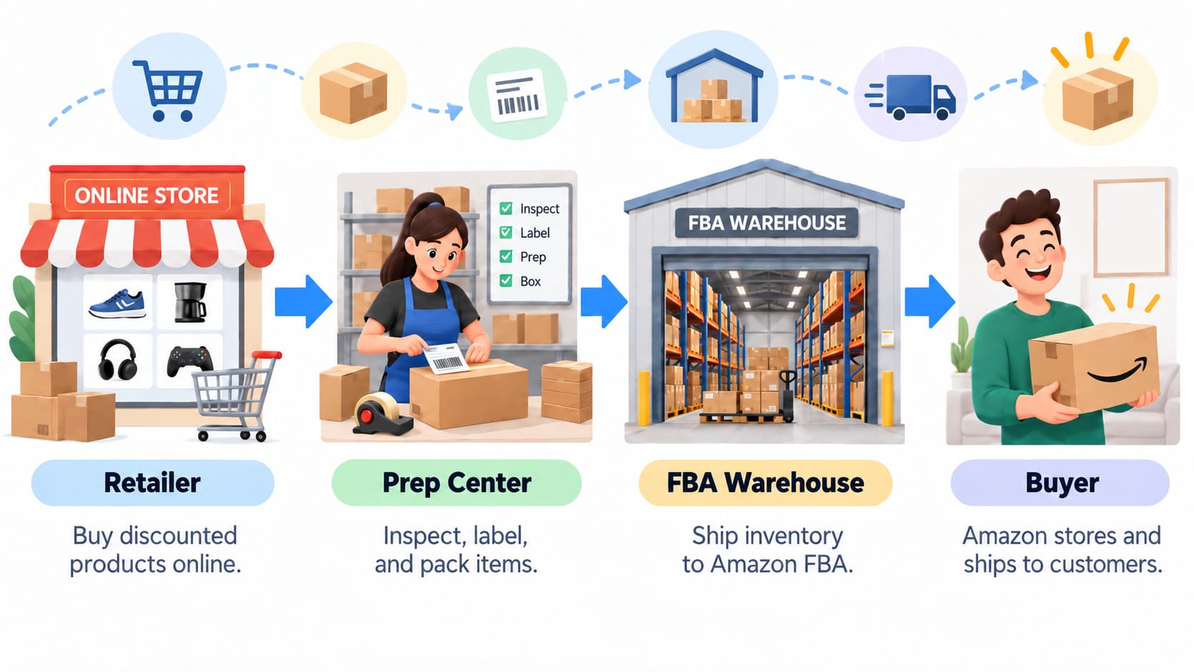 Amazon’da çevrimiçi arbitraj nasıl işliyor: perakendeci, hazırlık merkezi, FBA deposu, alıcı