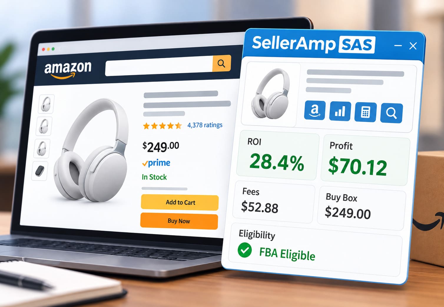 Amazon ürün sayfasında yatırım getirisini (ROI), ücretleri ve uygunluk koşullarını gösteren SellerAmp SAS eklentisi