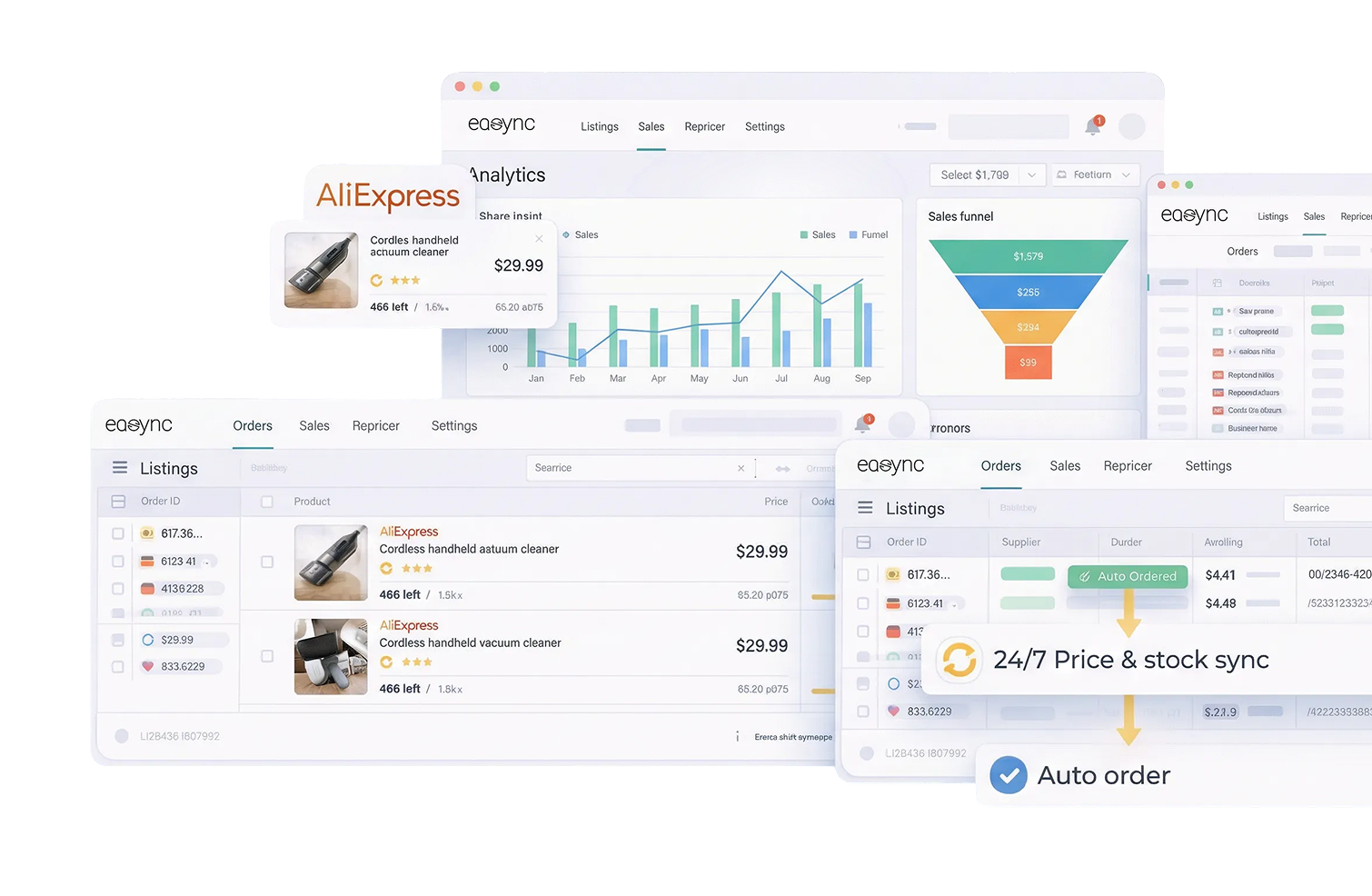 Easync AliExpress–eBay paneli: 24/7 fiyat senkronu ve otomatik sipariş
