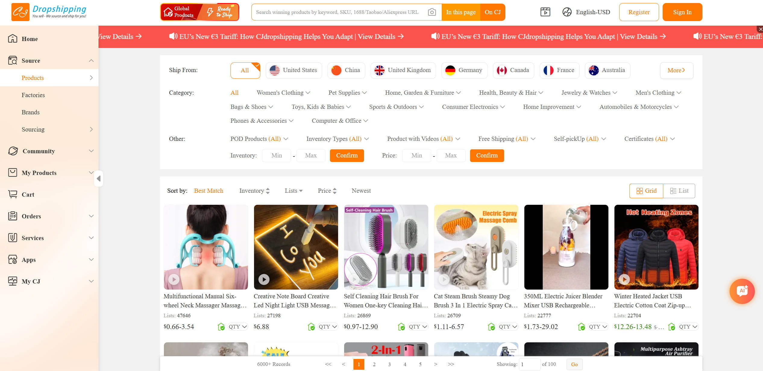 CJ Dropshipping — best free catalog with a US warehouse