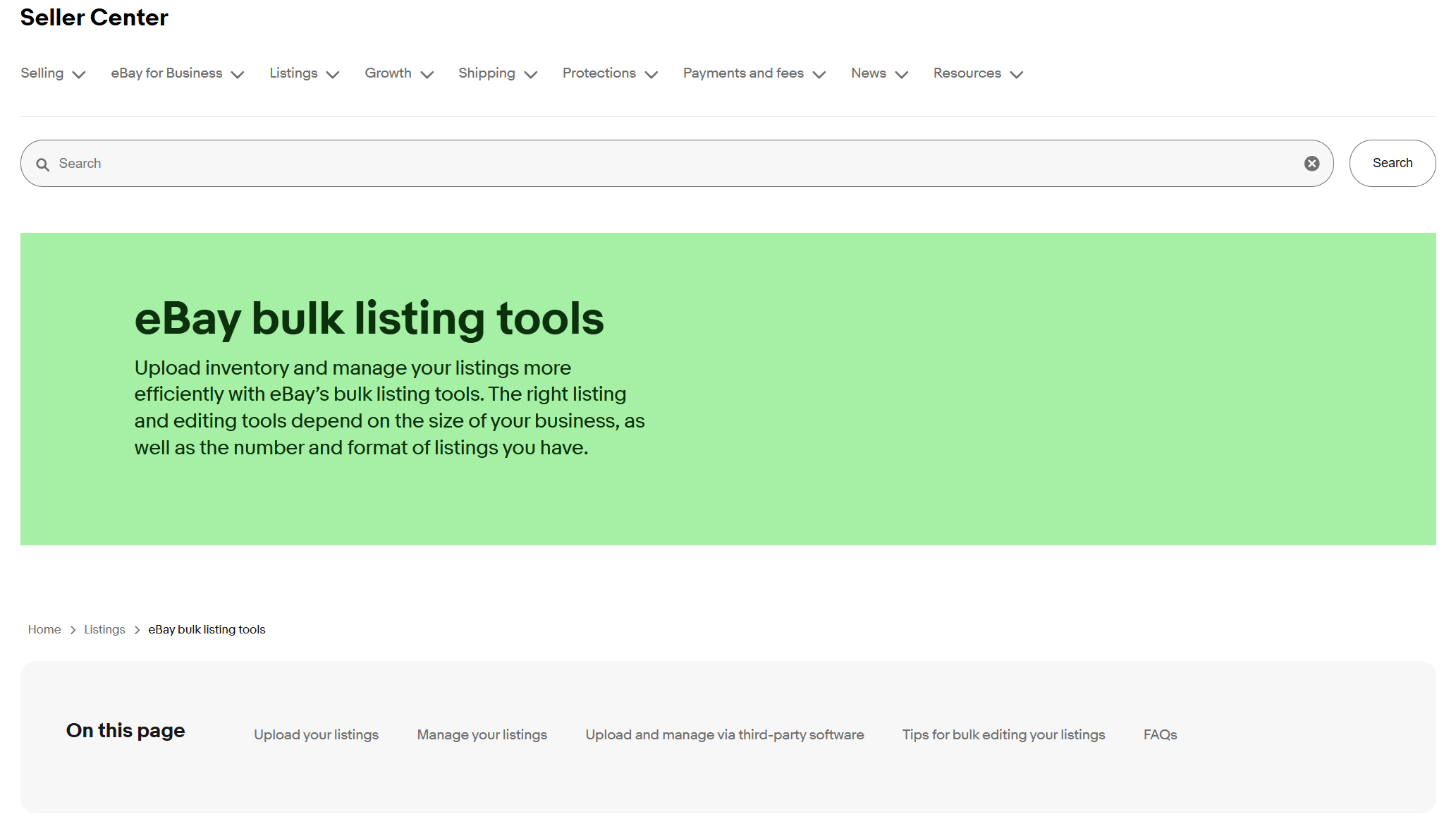 eBay Seller Center page with eBay's bulk listing tools