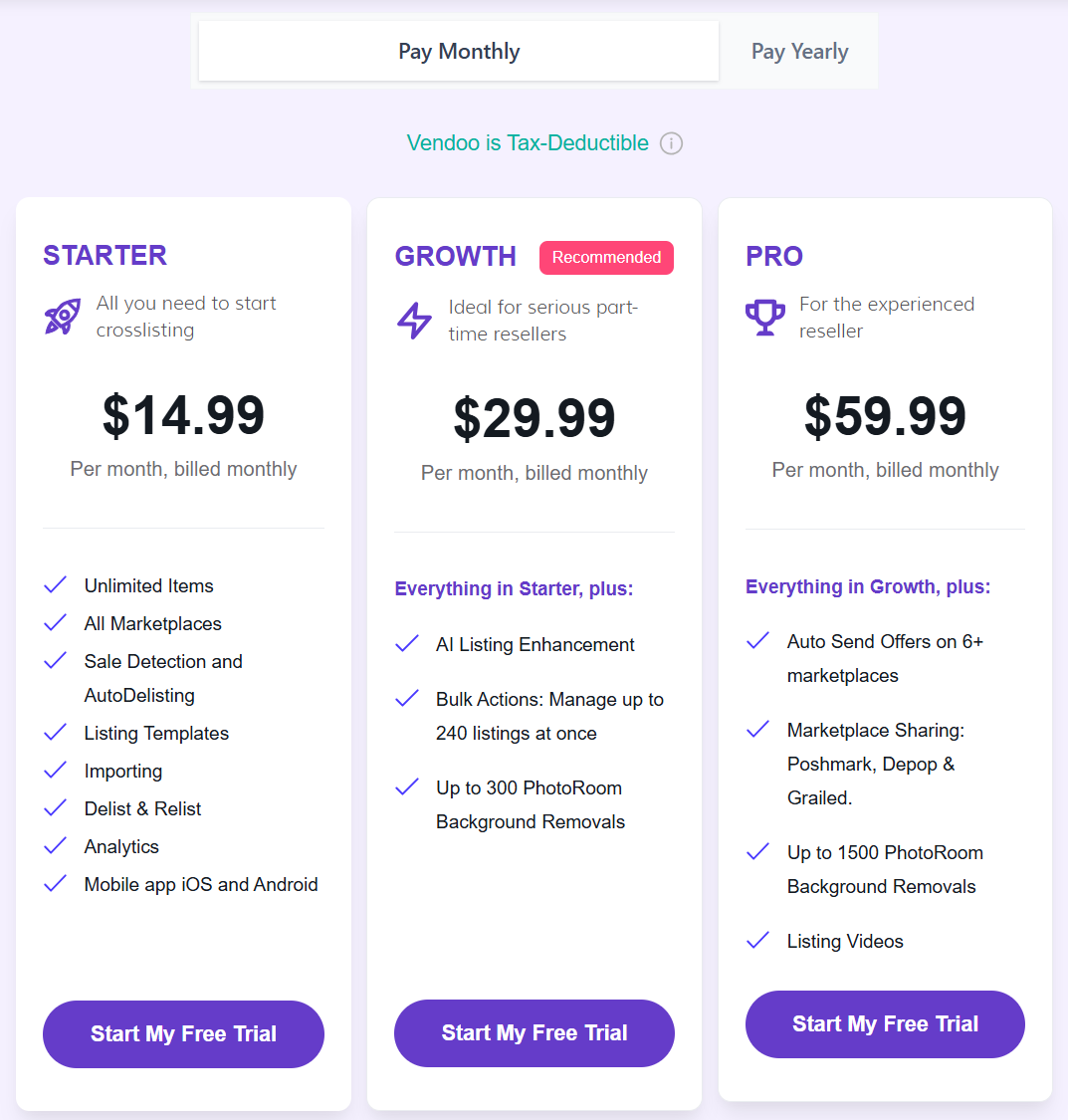 Vendoo crosslisting app monthly pricing plans