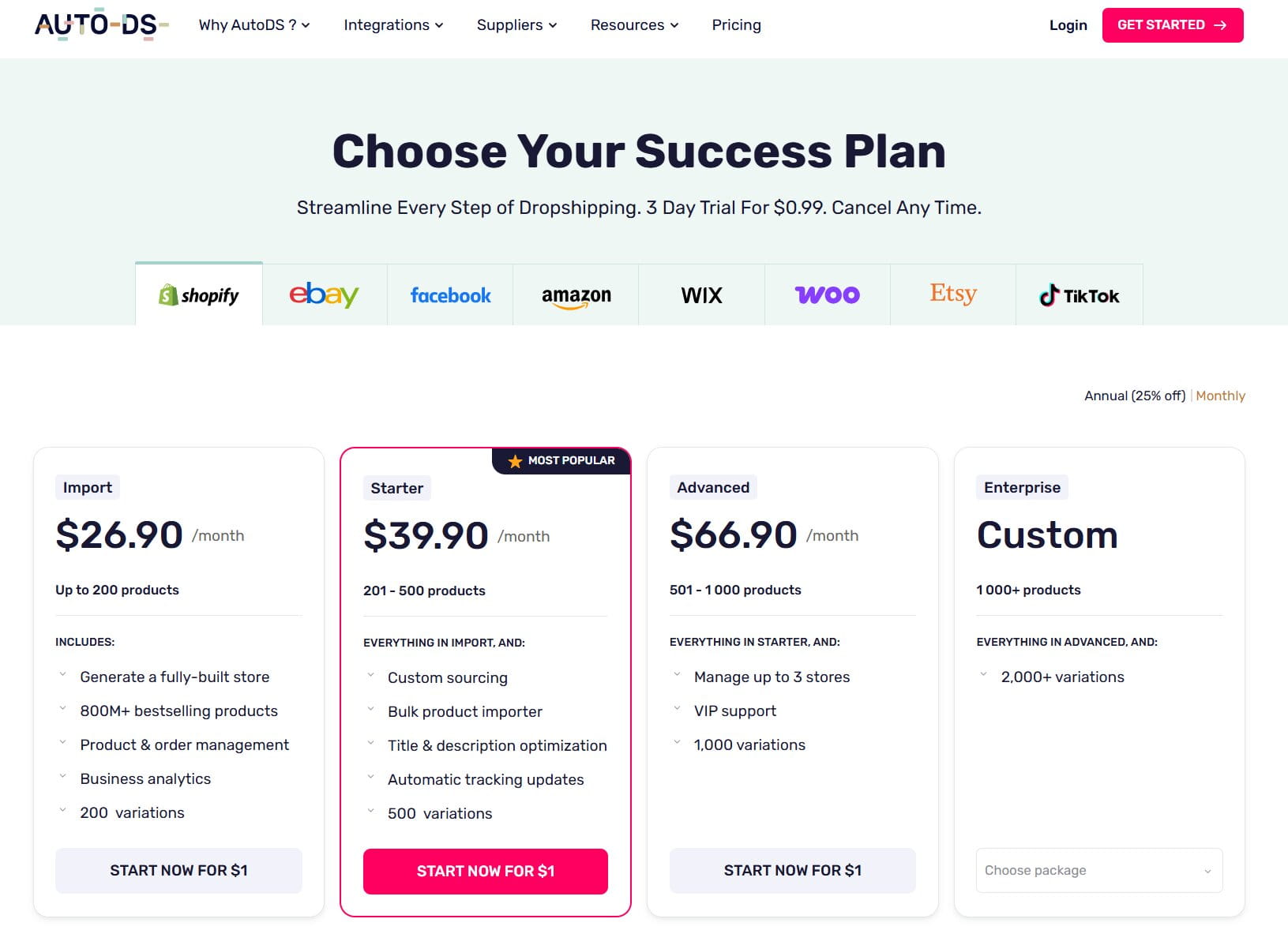 AutoDS pricing for Shopify