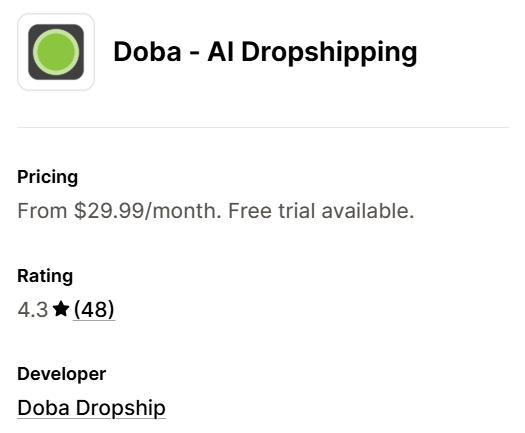 Doba Shopify app rating and pricing