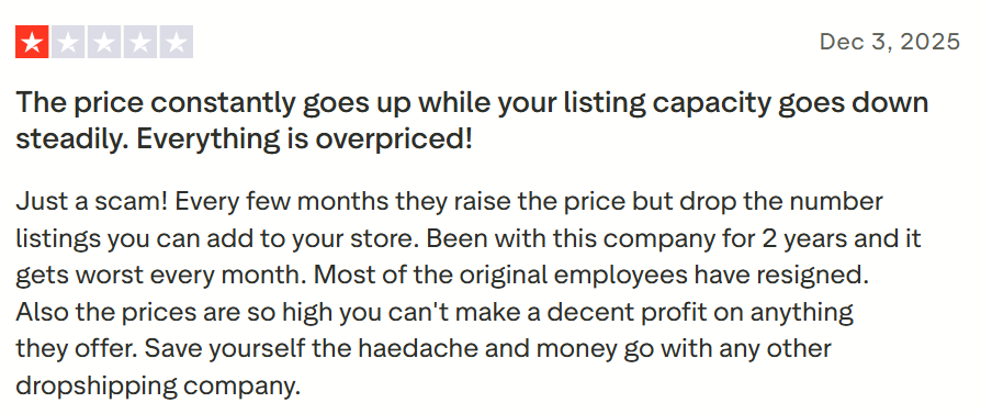 Doba review on Trustpilot about rising prices and lower listing limits