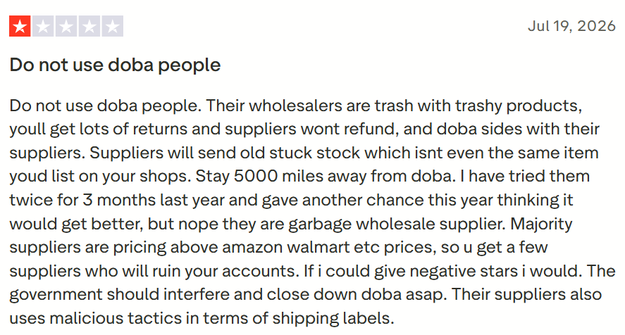 Doba review on Trustpilot about supplier refunds and prices above Amazon