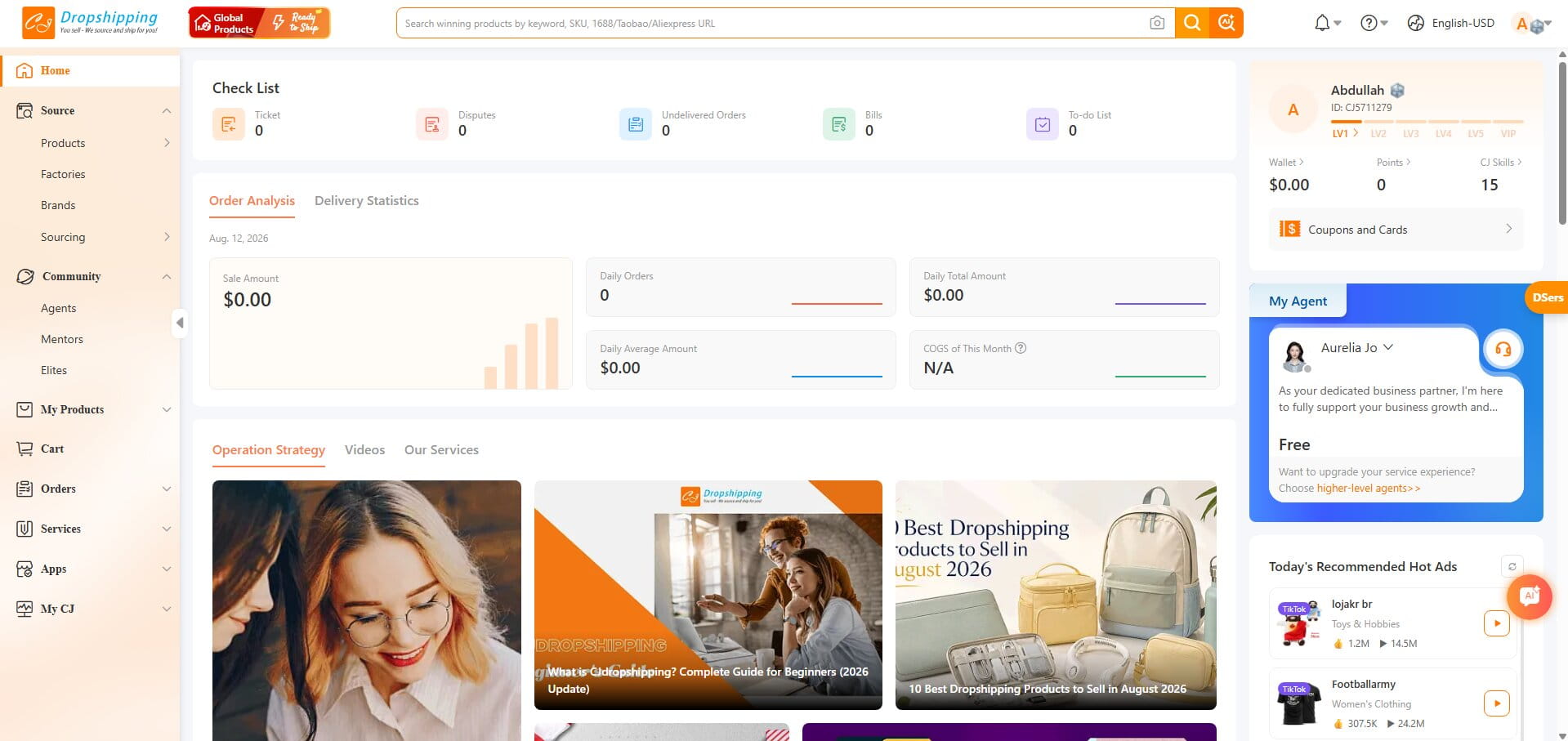 CJ Dropshipping dashboard