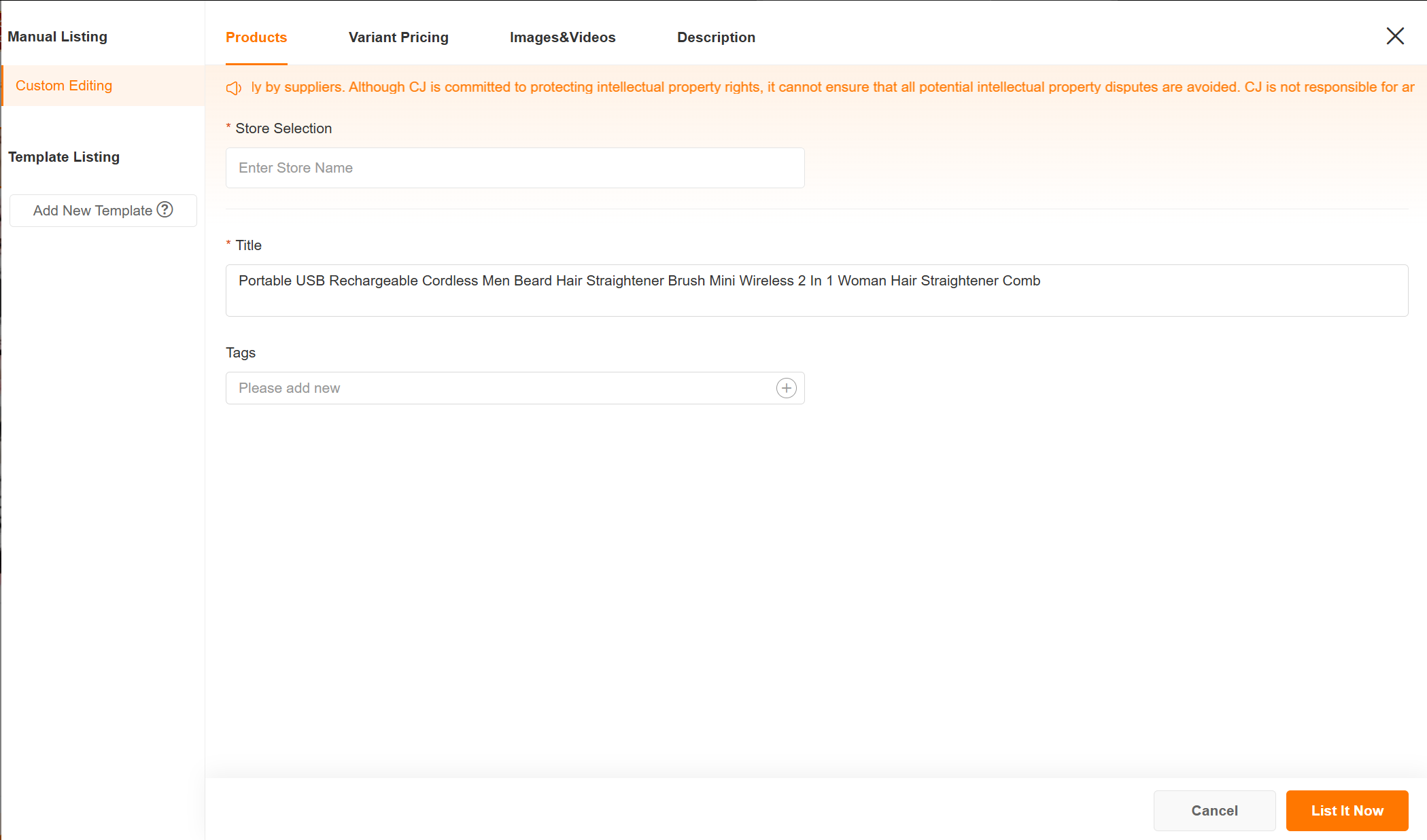 CJ Dropshipping List panel for eBay