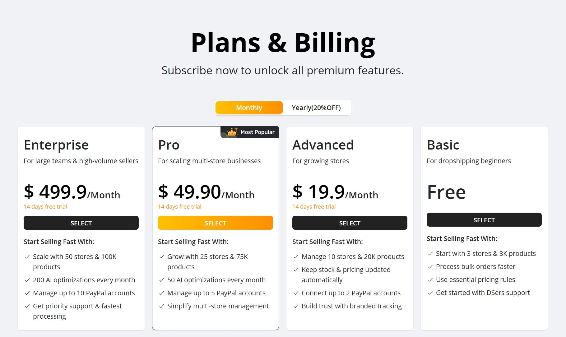 DSers pricing