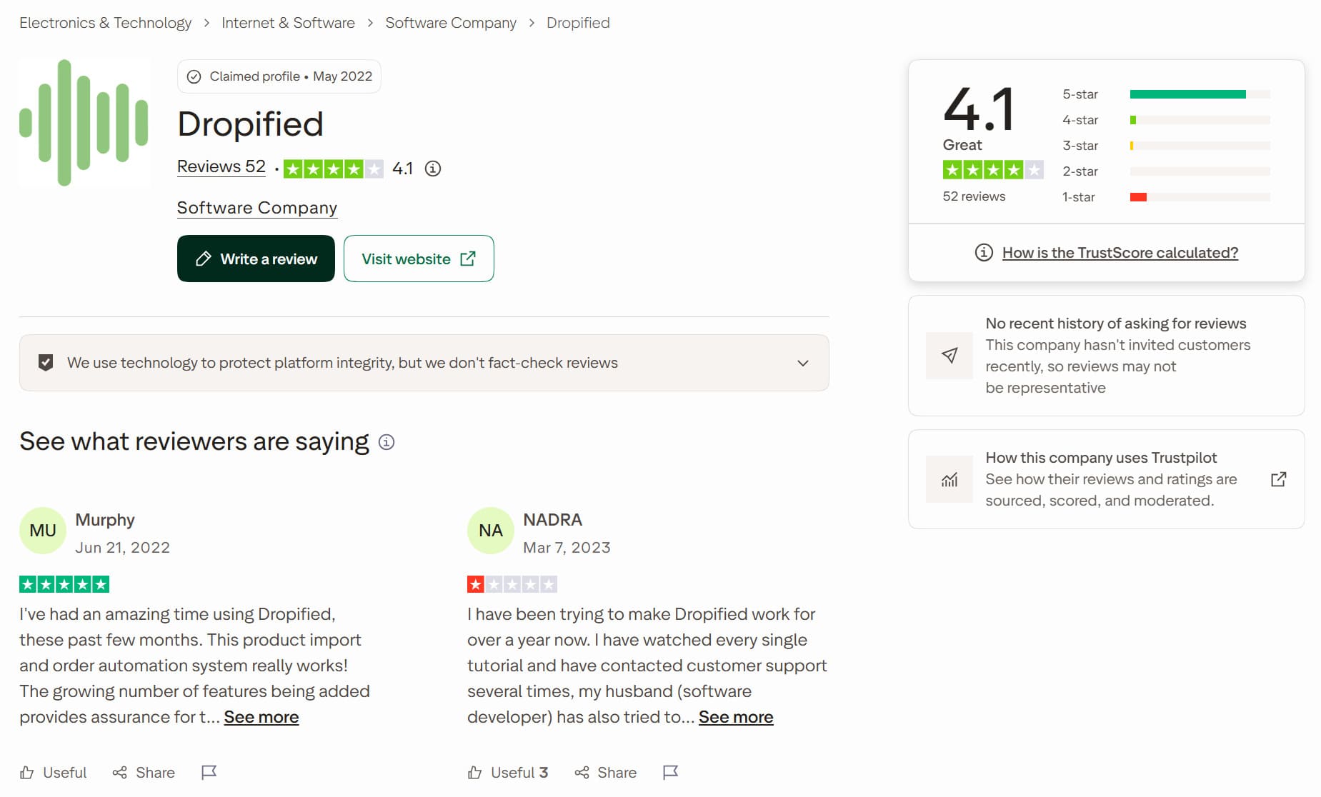 Dropified reviews on Trustpilot