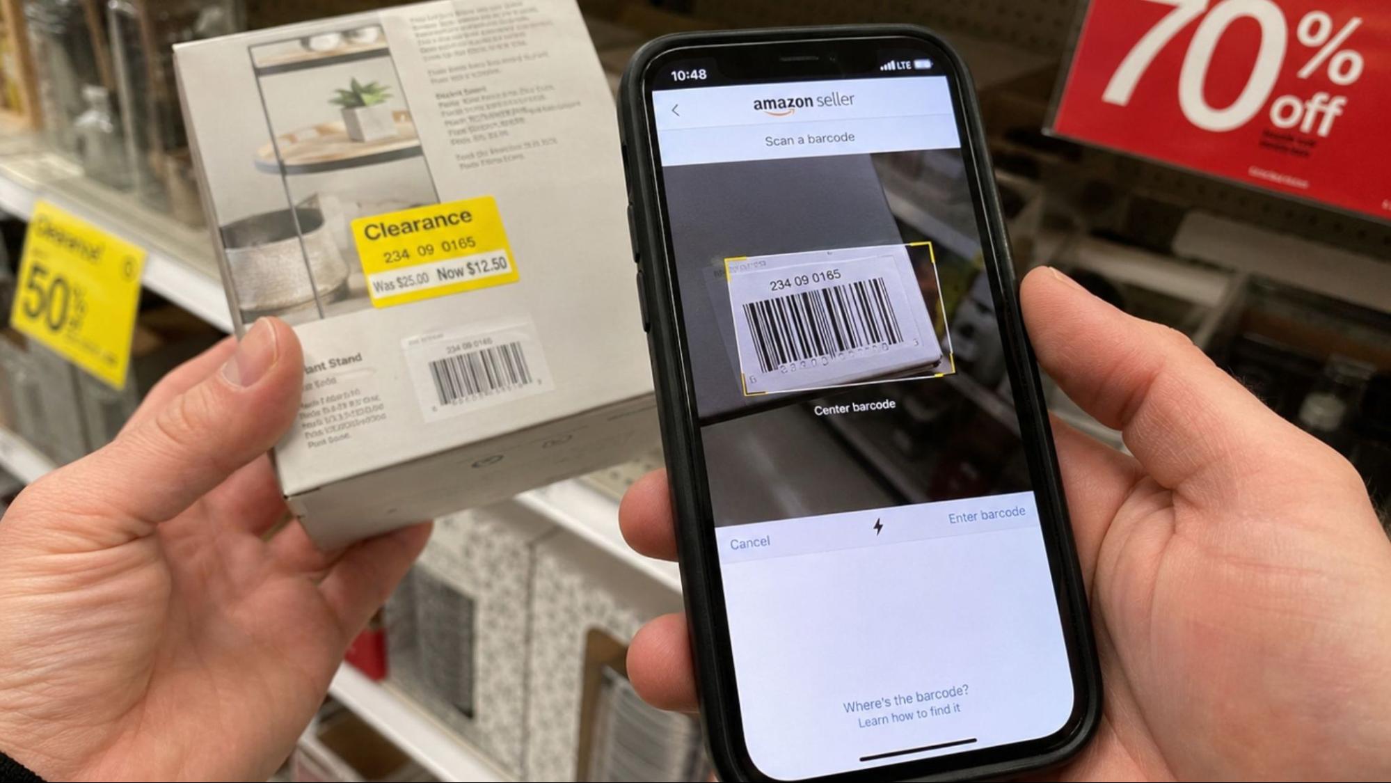 Retail arbitrage seller scanning a clearance item with the Amazon Seller app scanner