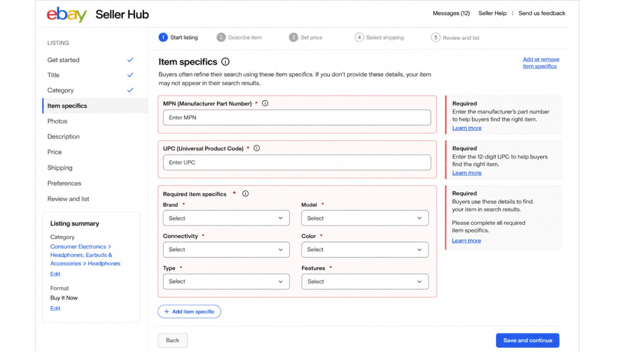 eBay Seller Hub listing form highlighting MPN, UPC and required item specifics fields