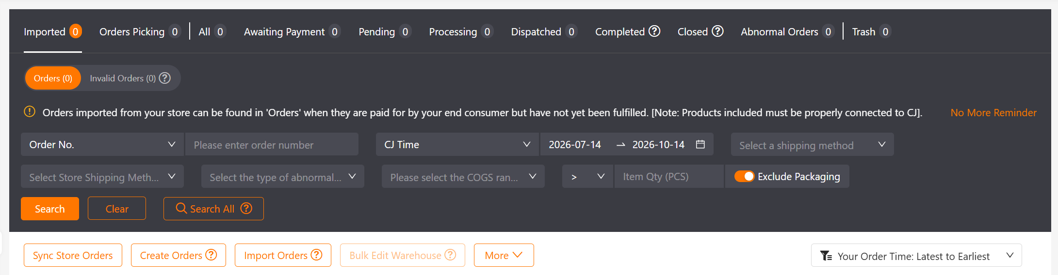 CJ Dropshipping Store Orders Imported tab