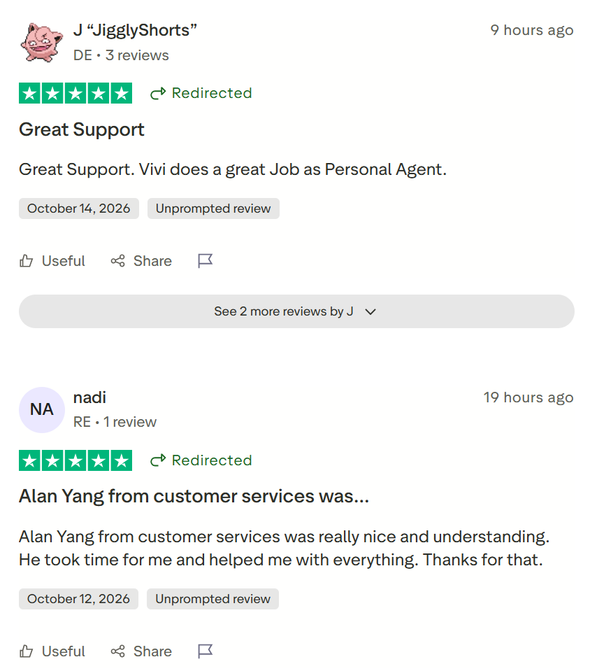 CJ Dropshipping Trustpilot reviews praising named agents