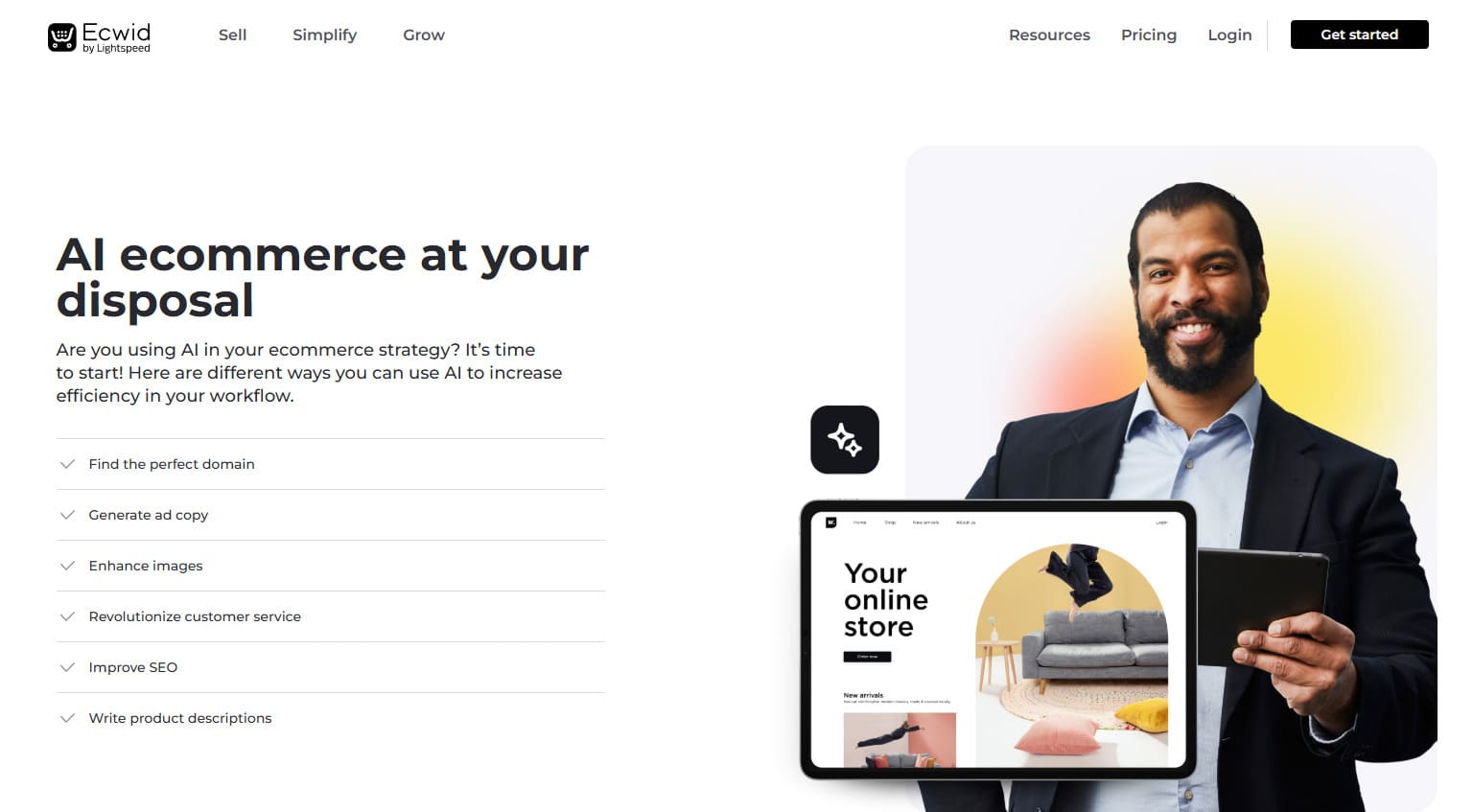 Ecwid AI e-ticaret ana sayfası