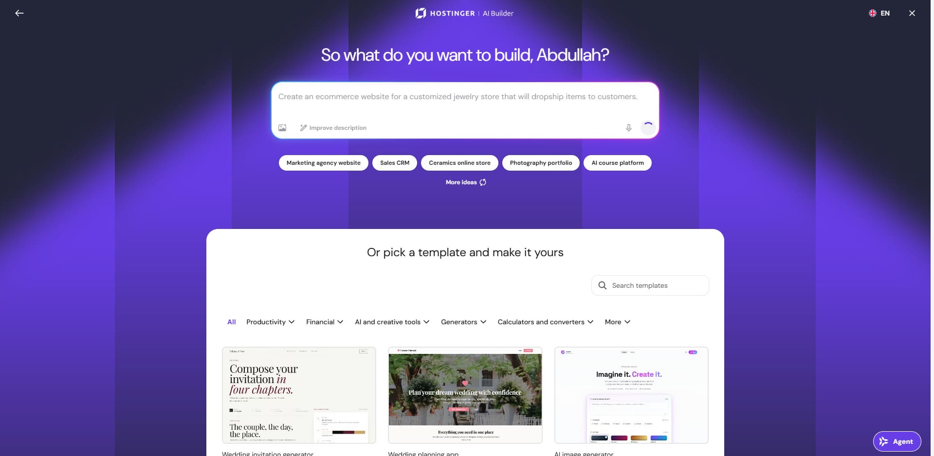 Hostinger AI web sitesi oluşturucu
