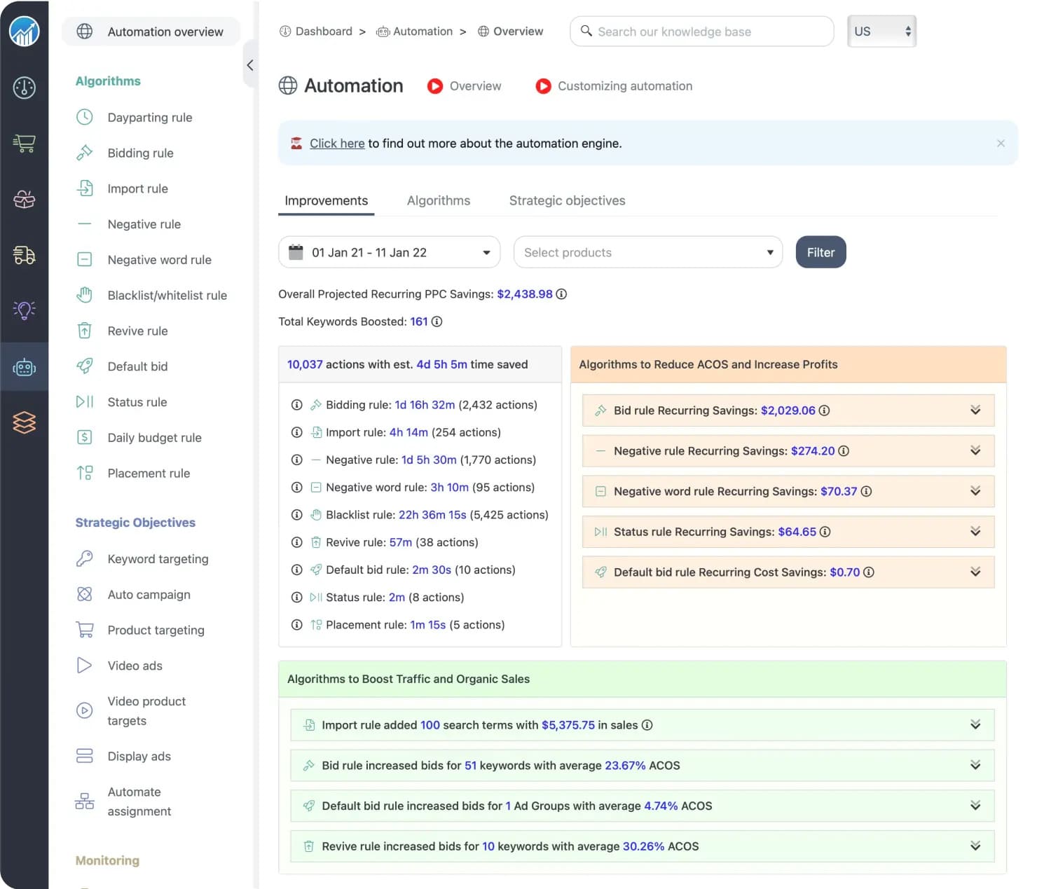 Scale Insights automation builder showing different rules and insights for Amazon ASINs.