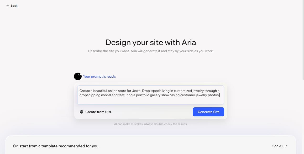 Wix Aria AI web sitesi oluşturucu