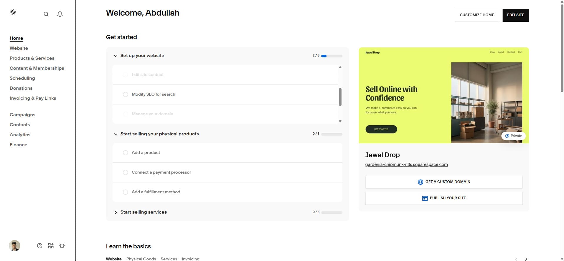 Squarespace e-ticaret kontrol paneli