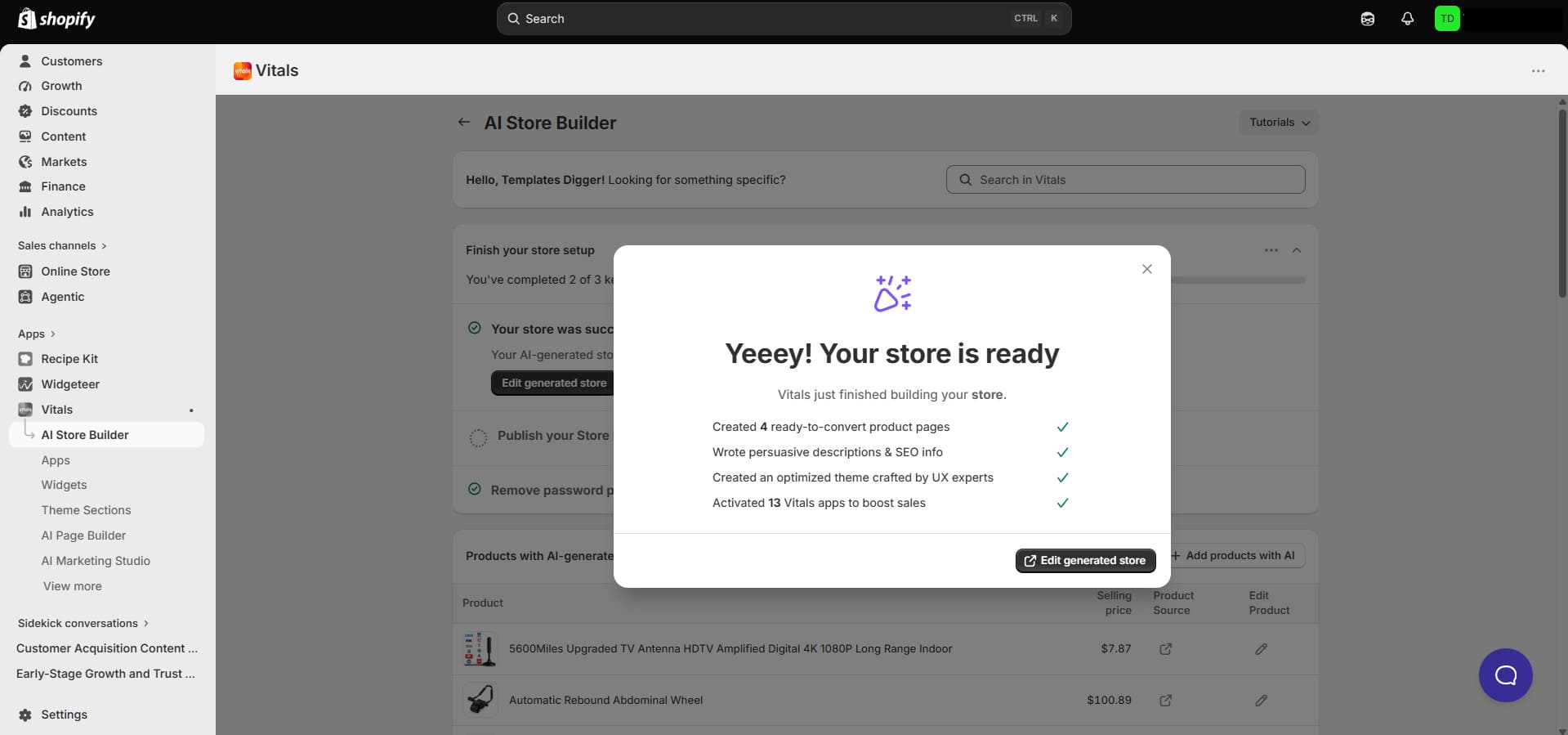 Vitals tarafından oluşturulan Shopify mağaza onayı