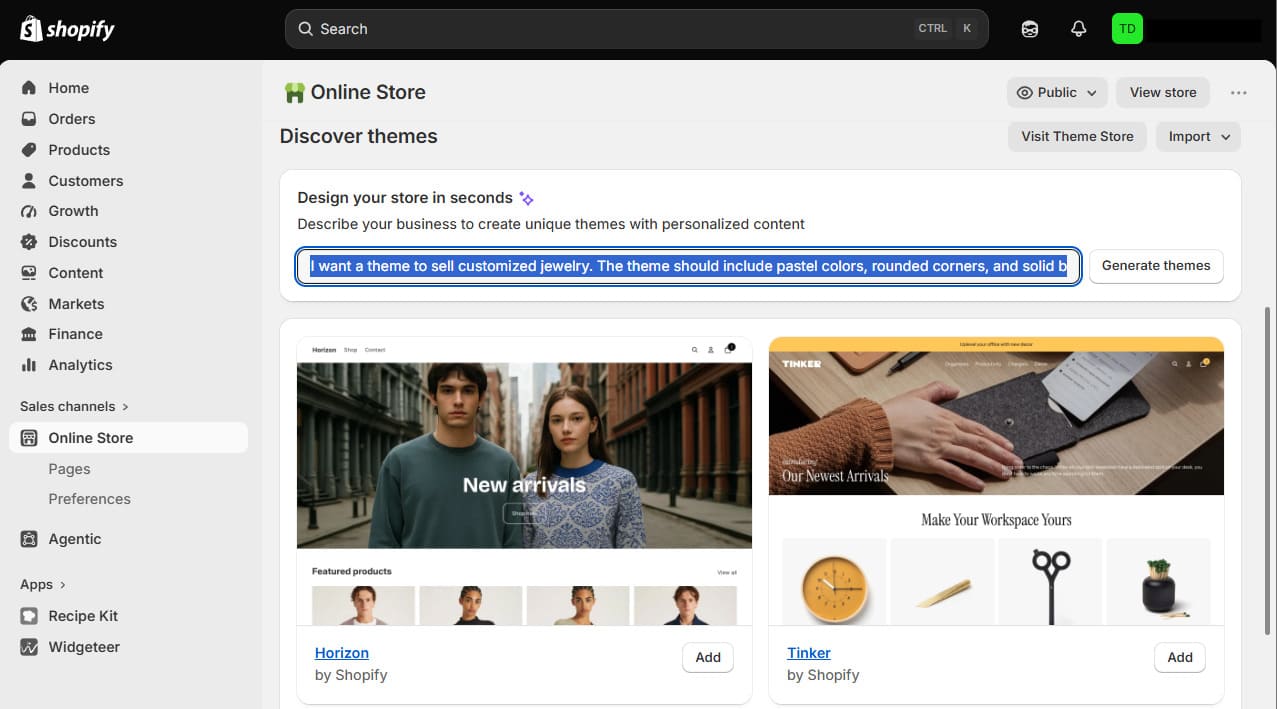 Shopify Sidekick AI tema oluşturucu