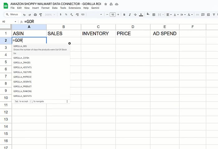 Gorilla ROI data in Google Sheets, where formulas can retrieve live sales, inventory, pricing, and advertising metrics.