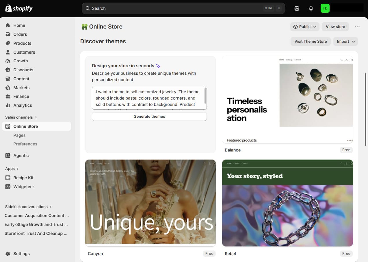 Shopify Sidekick tarafından oluşturulan tema seçenekleri