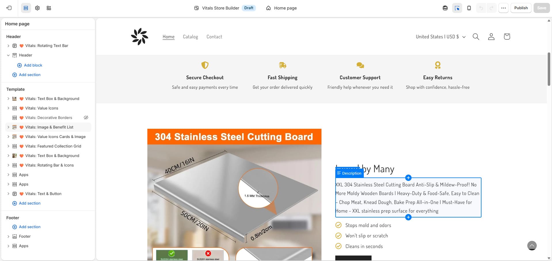 Vitals’ın özelleştirilmiş Shopify mağaza düzenleyicisi