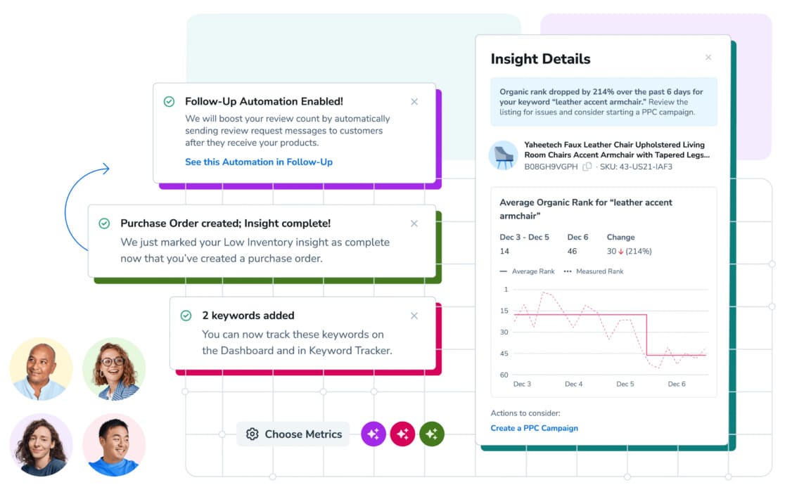 Helium 10’s AI-powered insights interface surfacing inventory, keyword, automation, and product performance recommendations