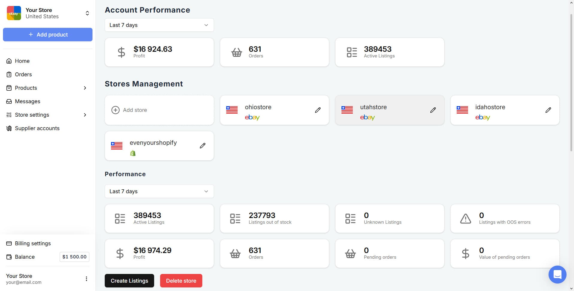 Easync account dashboard showing sales performance, orders, listings, and connected marketplace accounts
