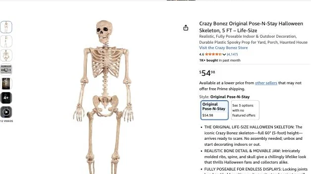 Crazy Bonez 5 ft posable Halloween skeleton on Amazon, $54.98
