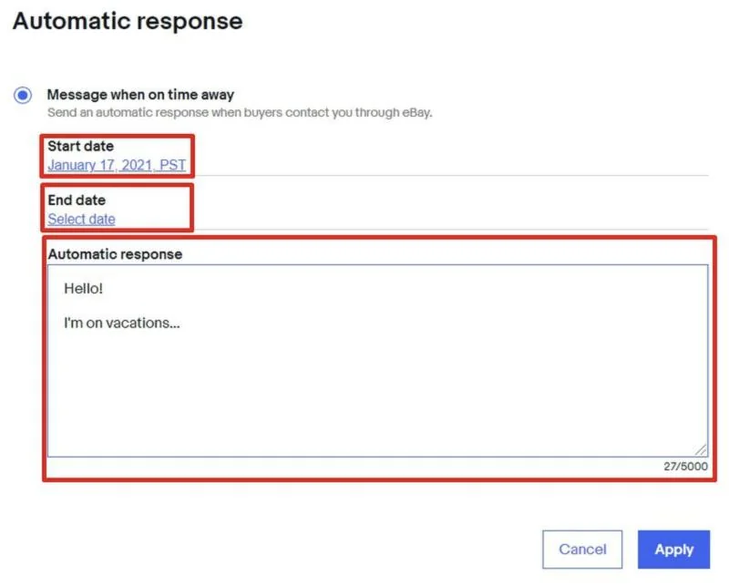 eBay Time Away automatic response form with start date, end date and message text