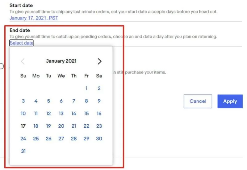 Calendar for choosing the eBay Time Away end date