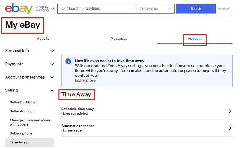 My eBay Account tab with the Time Away page open in the Selling menu