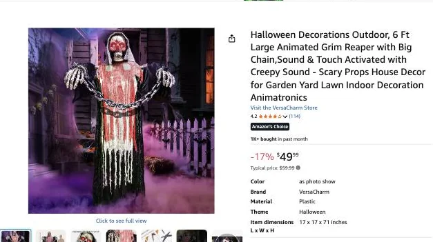 6 ft animated grim reaper with chain on Amazon, $49.99