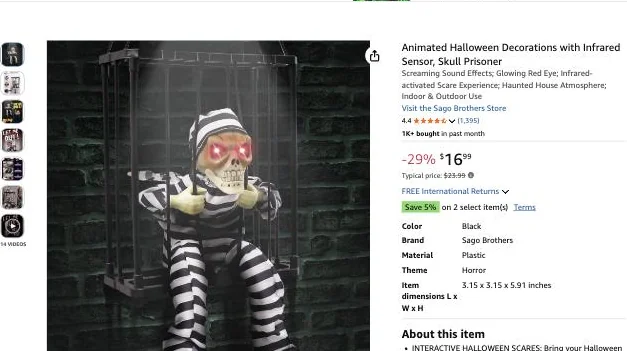 Animated skull prisoner Halloween prop with infrared sensor on Amazon, $16.99
