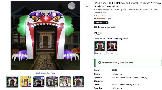 ZPISF 10 ft Halloween clown archway inflatable on Amazon, $74.99