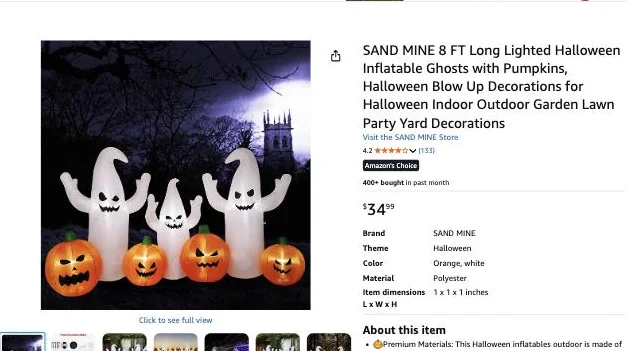 SAND MINE 8 ft lighted inflatable ghosts with pumpkins on Amazon, $34.99