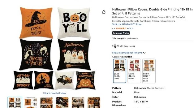 Halloween pillow covers 18x18, set of 4, on Amazon, $9.99